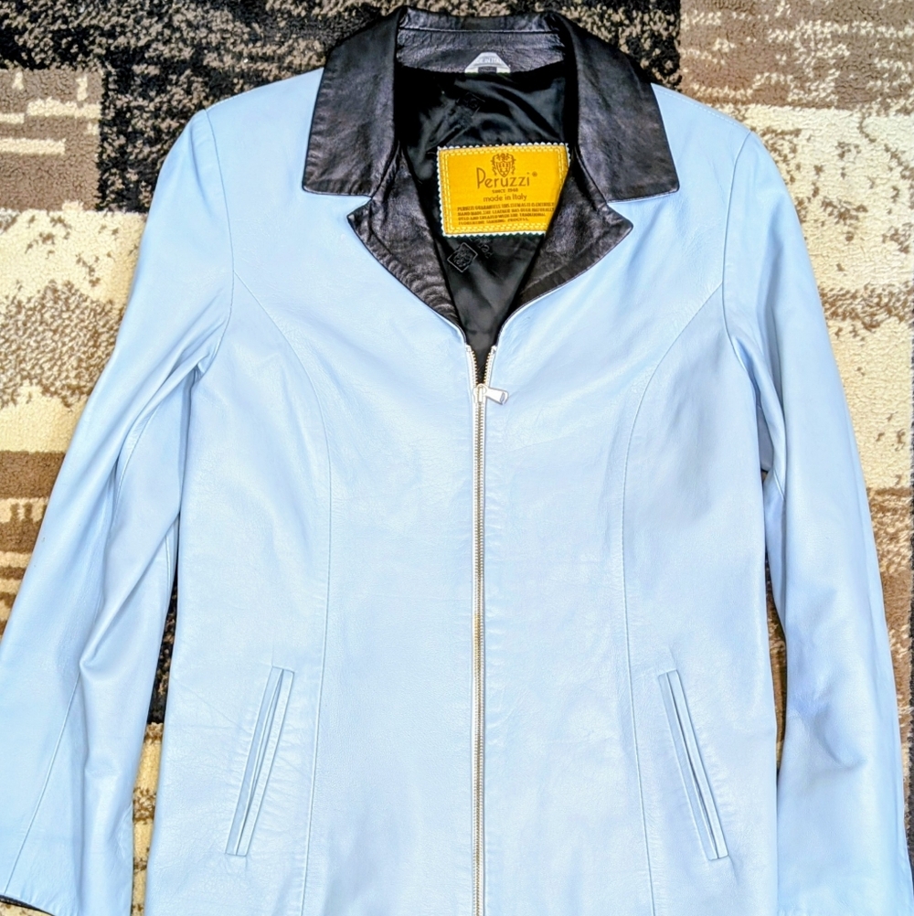 Peruzzi Italy Leather Jacket Blue Black Collar IT 42 Vintage US‎ 4/6